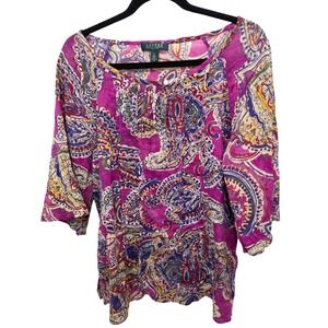 LAUREN RALPH LAUREN Women's Paisley Print 3/4 Sleeve Boho Fairy Blouse Size L/P